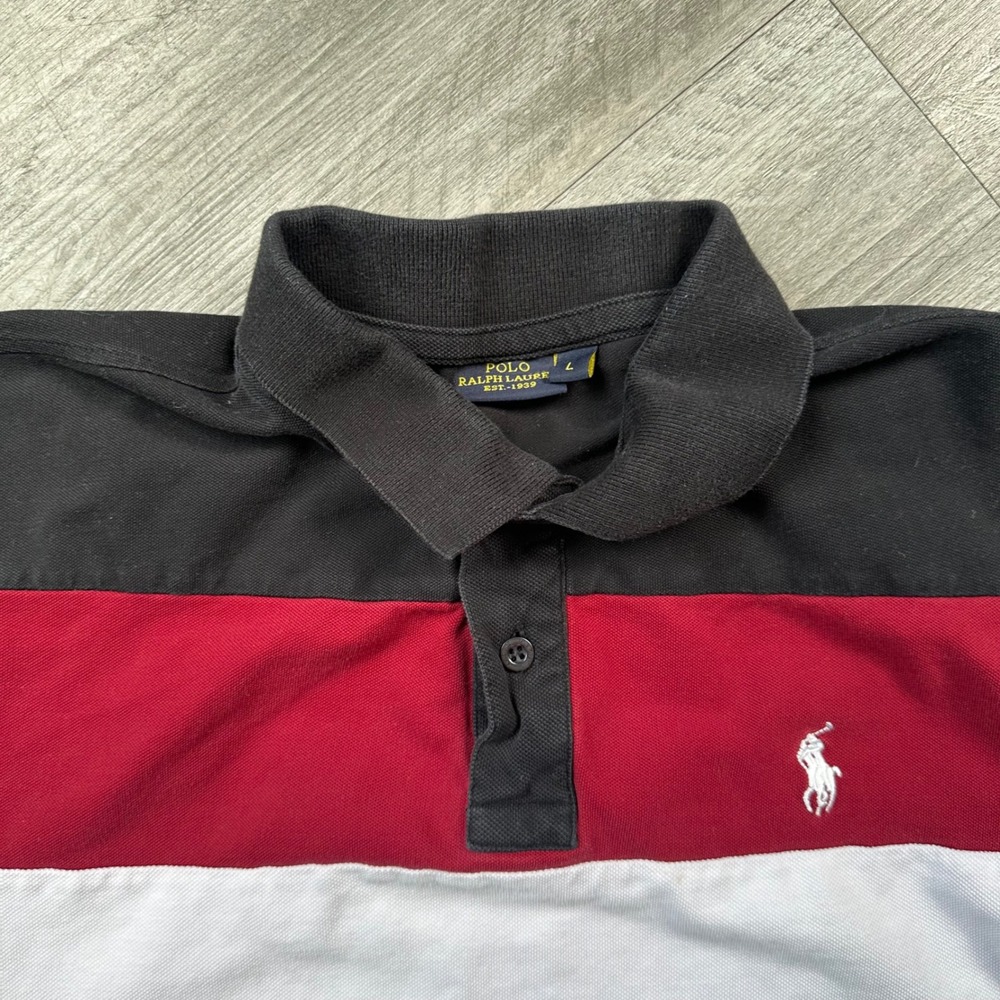 Polo Ralph Lauren Black Red White Striped Colorblock Polo Shirt L